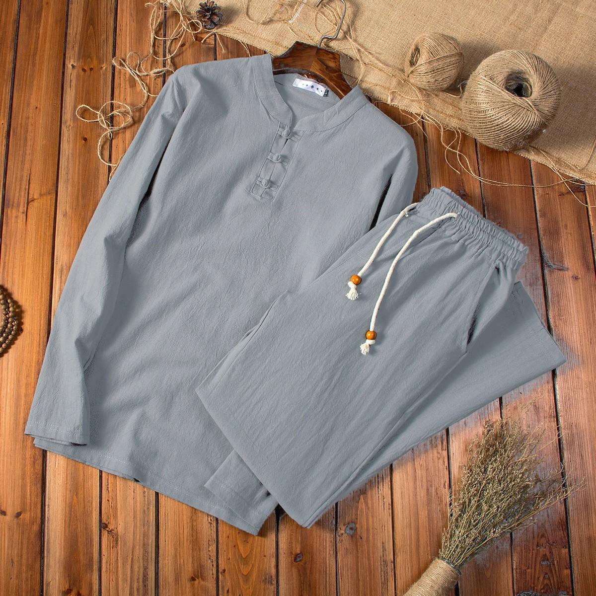 

Женский хлопково-льняной комплект рубашки с длинным рукавом на пуговицах M