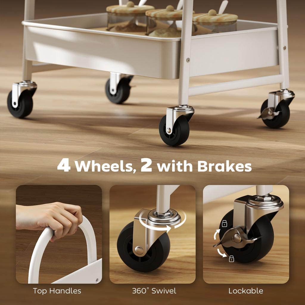 3-Tier Kitchen Storage Trolley with on Wheels Cover Top Board - White and Oak