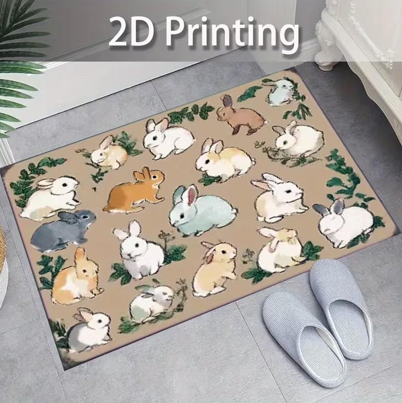 Easter Happy Welcome Mat with Cute Rabbit and Colorful Egg Anti Slip Farmhouse Floor Mat Suitable for Use Entrance Decoration
