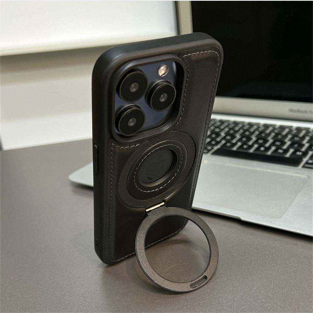 Luxusní magnetický stojánek Ring PU kožené pouzdro na telefon pro iPhone 16 15 14 13 12 Pro Max Magsafe Wireless Charging Dutý kryt loga