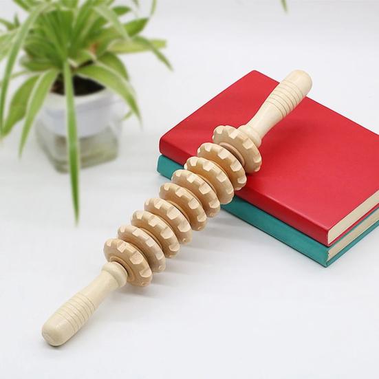 Skin-friendly Fascia Massager Anti-slip Handle Wood Grooved Gear Multifunctional Smooth Roller Massager for Home