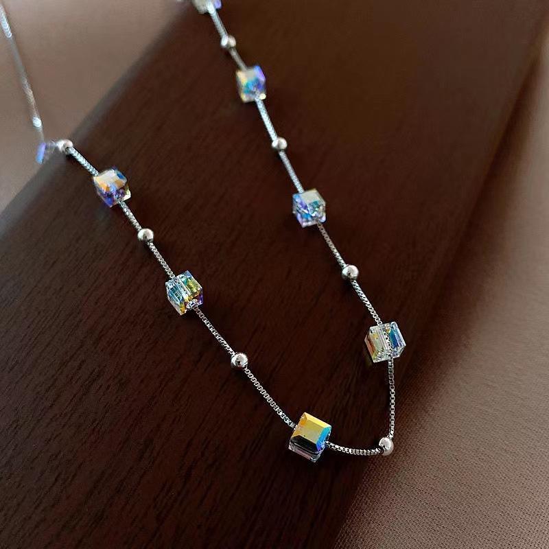 High-End Crystal Cube Clavicle Necklace – Trendy Titanium Steel Fashion for Women