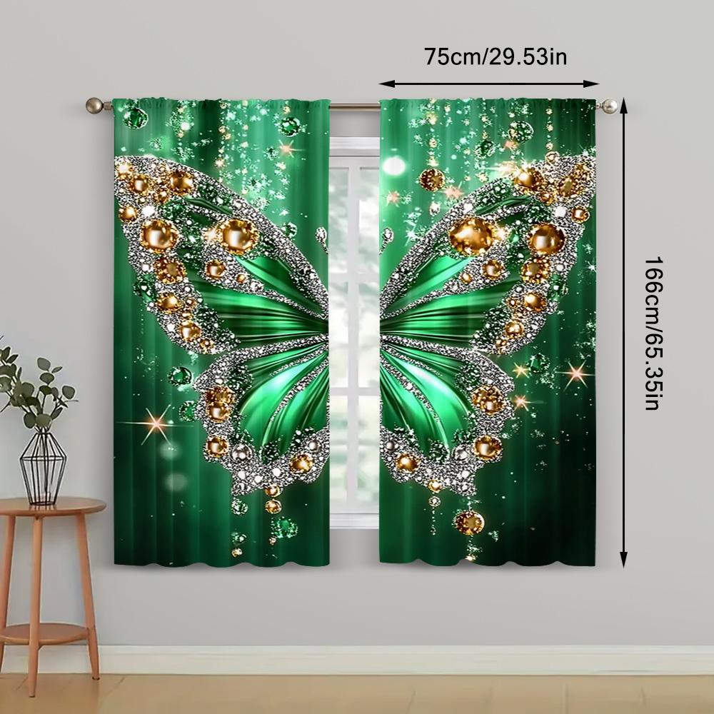 2pc,Curtains  Diamond Pearl Butterfly Machine Washable Fabric,Without Electricity Festive Holiday Suitable for Classroom