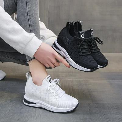 Tênis Femininos Sapatos Casuais Femininos Saltos Plataforma Anabela Aumento de Altura Tricotados Senhoras Malha Respirável Sapatos Vulcanizados