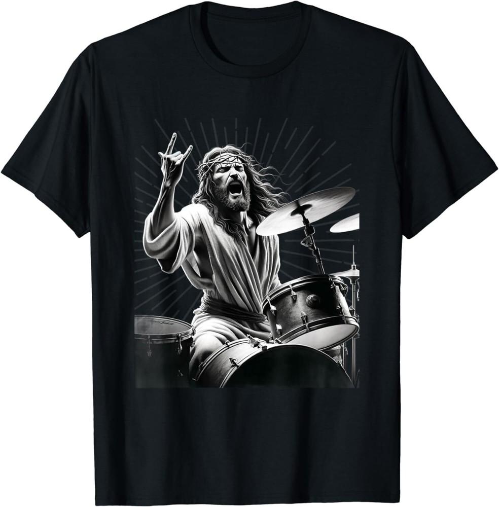 Drummer Rock Jesus Drumming T-Shirt Full US Size S-5XL Unisex T-Shirt S