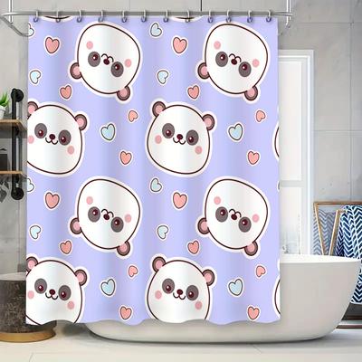 Cute Cartoon Animal Shower Curtain With Hearts For Bathroom Decor Washable Fabric Blue Pink Purple White Background Size 72X78 I