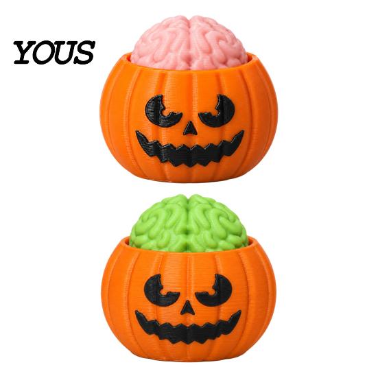 Desktop Plaything Halloween Pumpkin Stress Relief Toy, 3D Printed Sensory Fidget Realistic Gift for Friends Soft Rebound Brain Shape Squeeze