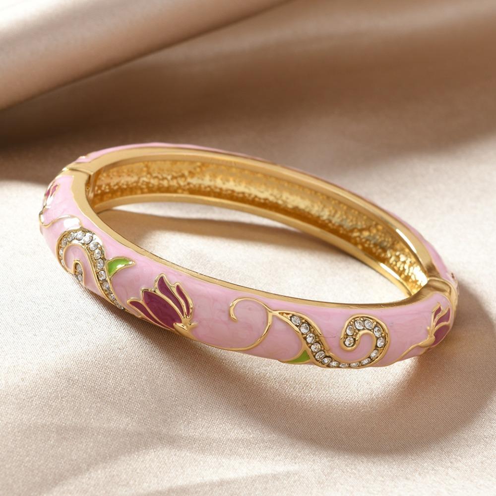 Traditional Lotus Flower Bangle Enamel Cheongsam Bracelet Chinese Cloisonne Bracelet  Jewelry Gifts