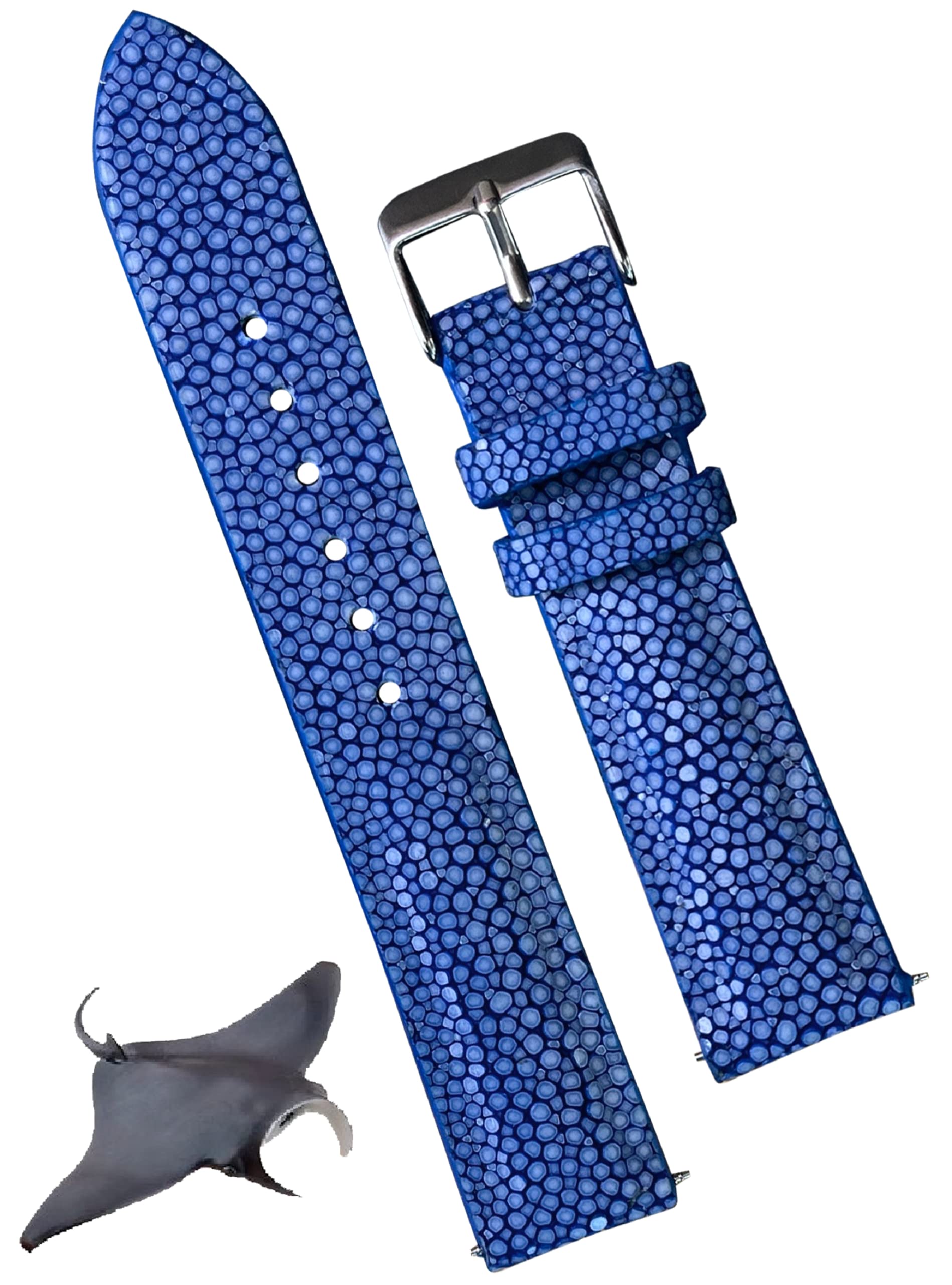 [vietnamcreations] 22mm Blue Stingray Leather Watch Strap, Galusha Strap, Replacement Watch Band, Handmade Men s Watch Strap with Wrist Buckle, Blue