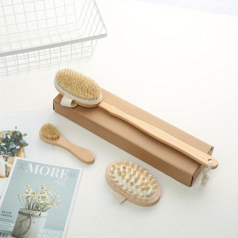 Ultimate Natural Bristle Brush Set for Body SPA Bath Massager - 3 Pieces Soft Wet Dry Skin Brush Home Spa Kit