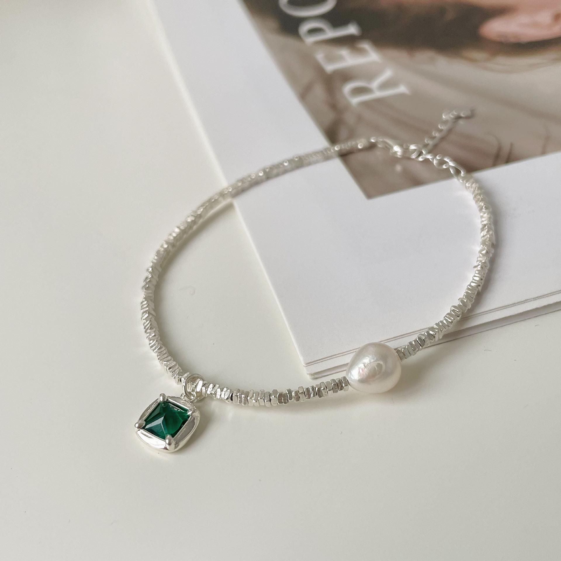 925 Silver Emerald Green Pendant Pearl Necklace for Women Choker Versatile Collar Chain Fine Jewelry Accessories