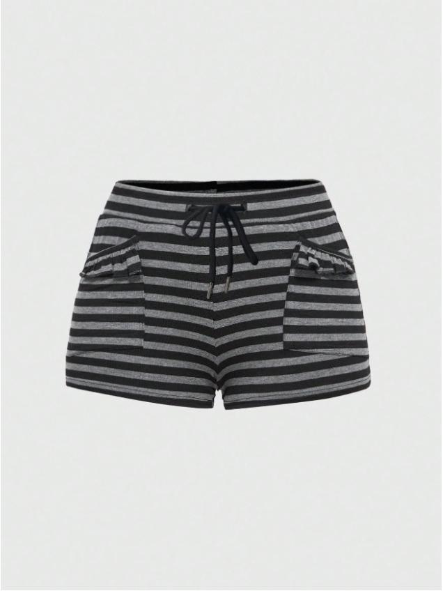 American Sporty Casual Two-Piece Set: Rhinestone Halter Top & Striped Lace-Up Shorts