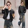 Women's 2025 Sheepskin Leather Jacket: Short, Round Neck, Petite Versatile, Trendy Coat