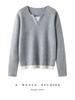 Women's Loose V-Neck Spliced Cashmere Sweater with Contrasting Colors