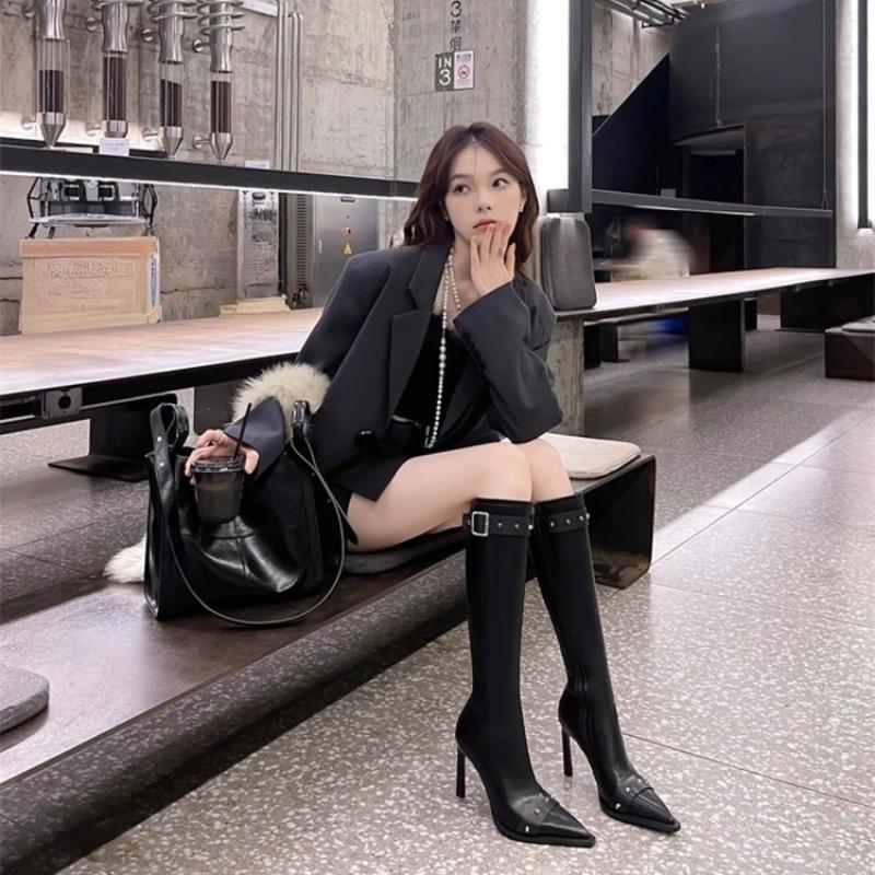 Temperament Stiletto High Boots Women's Fashion Pointed Toe Rivet Side Zipper Anti-Slip Wear-Resistant Single Boots