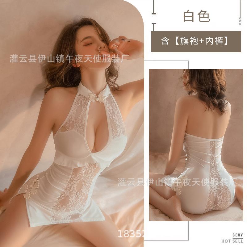 Sex Lingerie Retro Cheongsam Uniform Seduction Hot Sexy Lace Backless Passion Perspective Nightdress Set