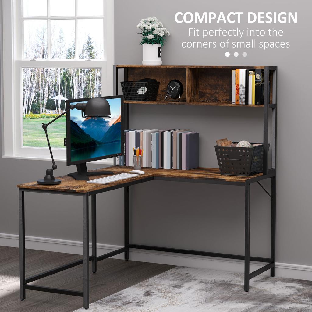 L Shaped Desk with Book Shelf, Industrial Corner Computer Desk, Writing Table with Steel Frame for Home Office, Bedroom, Study Room, 140 x 125cm