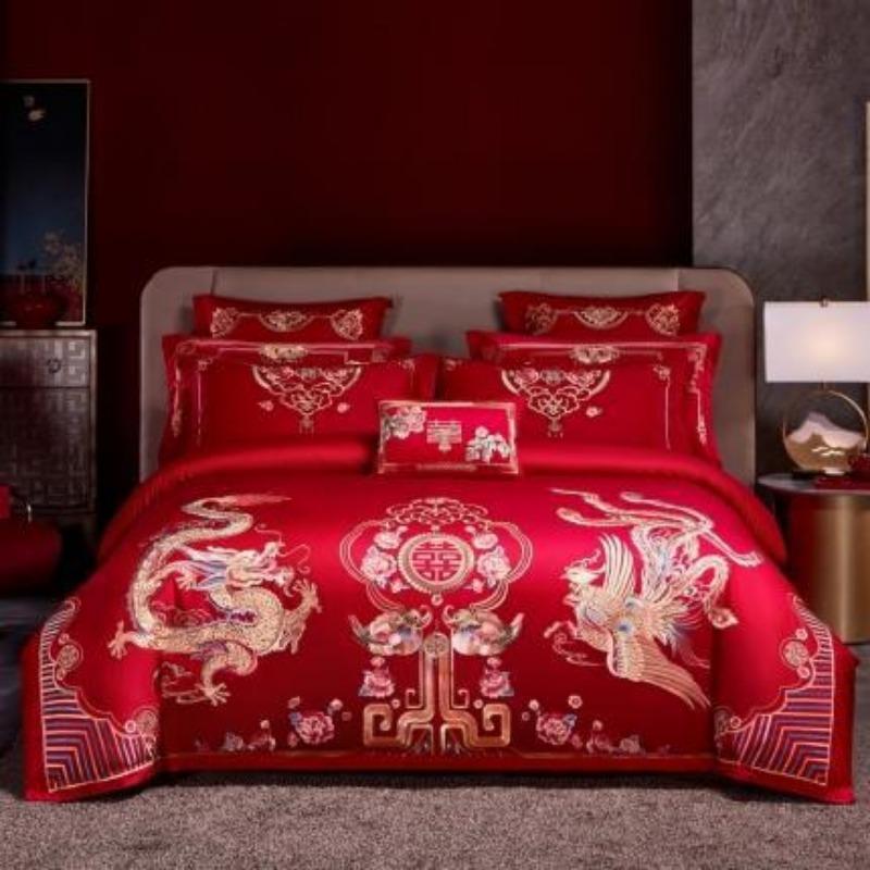 New Chinese style big red embroidery wedding quilt cover polished wedding room bedding wedding four-piece multi-piece set