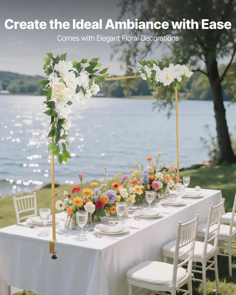 Over the Table Rod Stand with Clamps, Adjustable 71-249 Cm Length & 33-106 Cm Height, Table Arch Stand with Floral Accessories, Gold Balloon Frame for