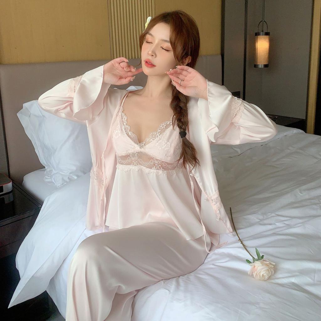 Sexy Pajamas Women's Ice Ribbon Chest Pad Lace Pure Desire Suspender Pajamas Three-piece New Loungewear