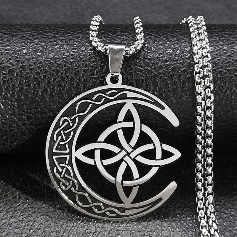 Crescent Celtic Irish Knot Necklaces Stainless Steel Witch Moon Amulet Protection Chain Necklace Zircon Collier Luna N8145S1