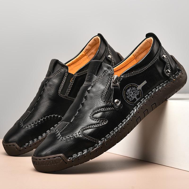 Men's Spring & Autumn Slip-On Fashionable Zipper Leather Loafers - Toe Design, Casual, Handmade, Large Sizes Available