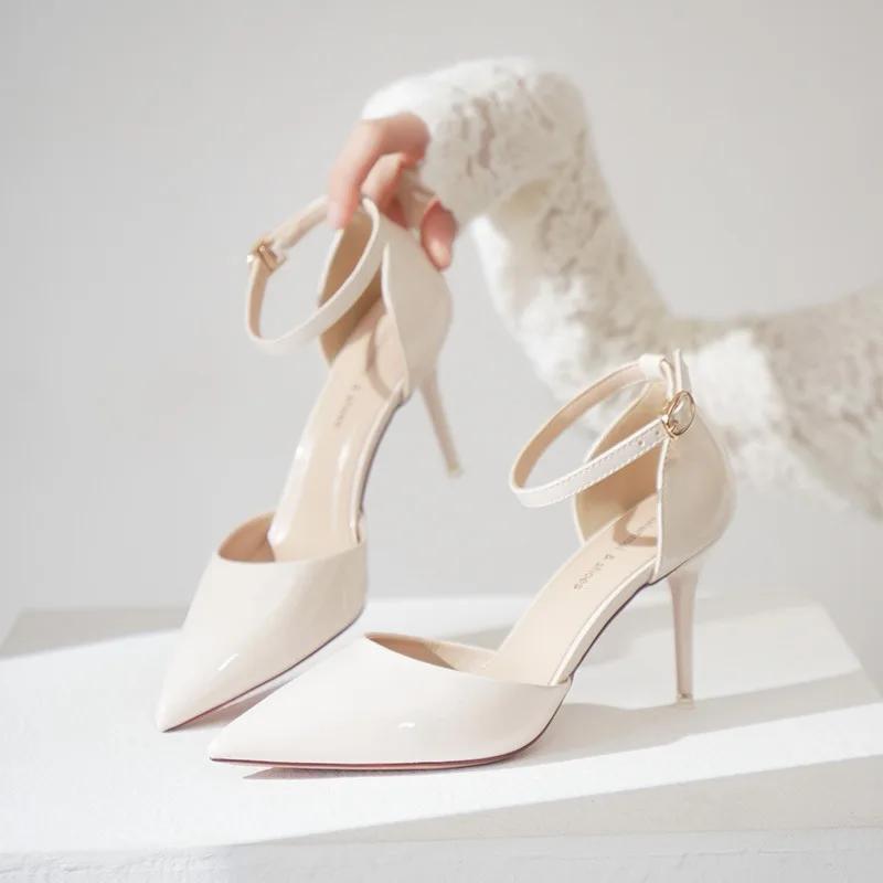 Summer Fashion Ladies Pumps Pointed Toe Patent Leather Buckle High Heeled Sandals Women Career Commuter Wedding Shoes