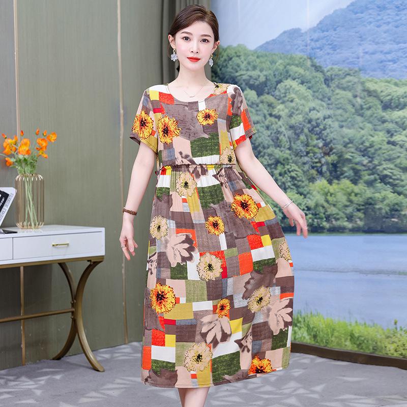 Plus Size Floral Cotton-Silk Dress for Women - Summer Fashion, Elegant Long Swing Dress