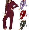 Women 2 Piece Lounge Set Ribbed Button Down Lapel Collar Bowknot Pajamas Set Long Sleeve Soft Comfy Pjs Sleepwear