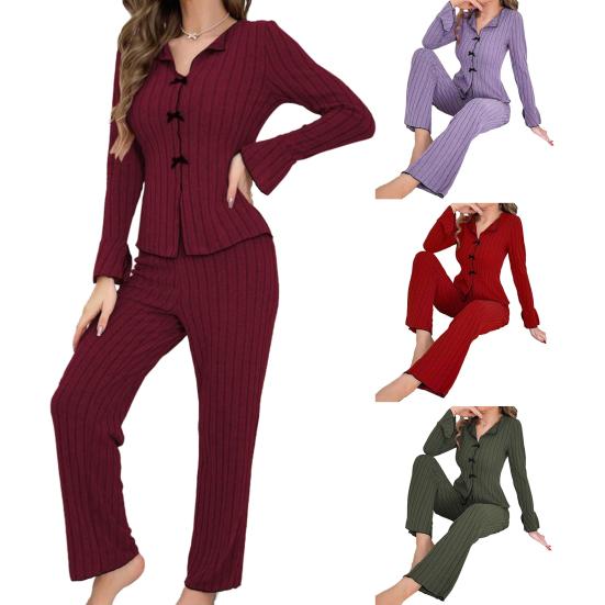 Women 2 Piece Lounge Set Ribbed Button Down Lapel Collar Bowknot Pajamas Set Long Sleeve Soft Comfy Pjs Sleepwear