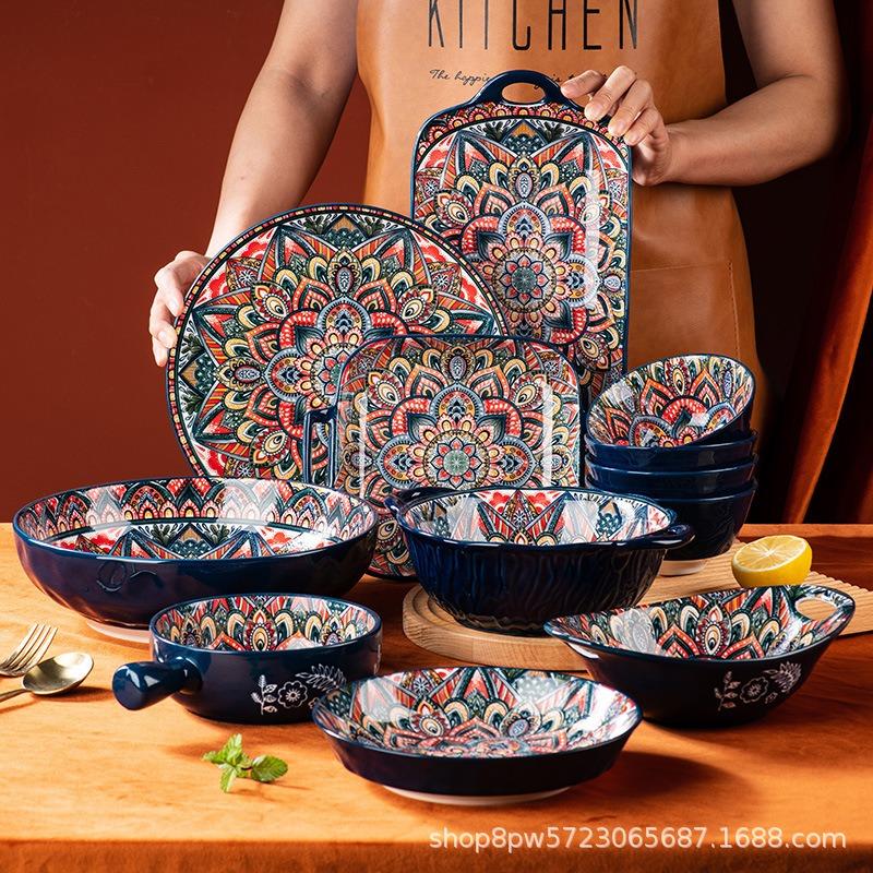 Bohemian ceramic dishes tableware set household baking pan handle bowl rice bowl binaural bowl soup bowl plate
