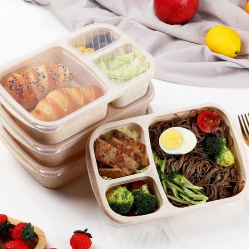 4-Pack Bento Lunch Box Set, 3-Compartment Straw Meal Prep Food Storage Containers, Plastic, Microwave and Dishwasher Safe (3 Compartments)