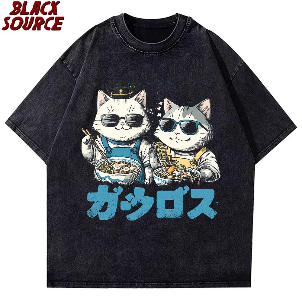 

T Harajuku Japanese Cat Drinking Tops Mens Fashion ONeck TShirt Street Summer Oversized Clothing Hip Hop Sweat Cotton S