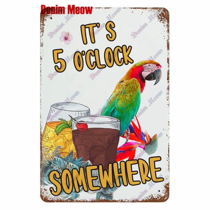 Metal Tin Sign Wall Decor, Vintage Parrot Cocktail Bar Plates, Kitchen Painting Decor, It's 5 O'clock, WY23