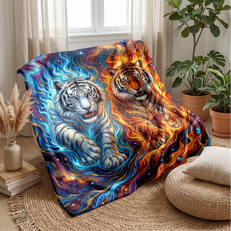 Tiger Fire and Ice Fantasy Theme Blanket Lightweight Warm Flannel Blanket Decorative Throw Blanket for Home Decoration