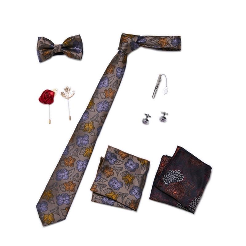 Pack of 9 Men's Floral Tie Set with Pocket Square Tie Clip Brooch Accessories for Formal Occasion Holiday Gift Supply