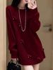 Women's Red Bow Knit Dress - Autumn/Winter Outerwear, Loose Fit, Mid-Length, Lazy Style Base Layer, Knitted Short Skirt