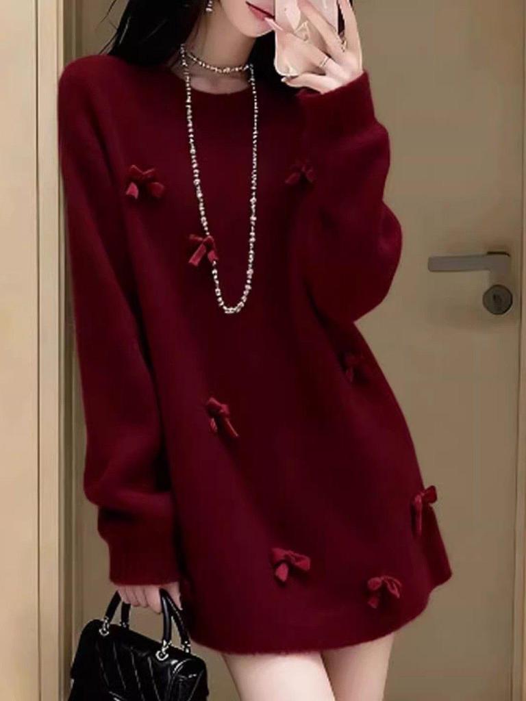 Women's Red Bow Knit Dress - Autumn/Winter Outerwear, Loose Fit, Mid-Length, Lazy Style Base Layer, Knitted Short Skirt