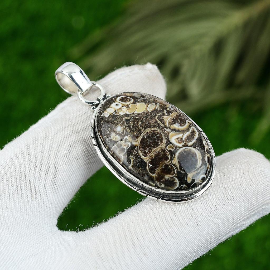 925 Sterling Silver Oval Natural Turritella Agate Wedding Sister Pendant Jewelry