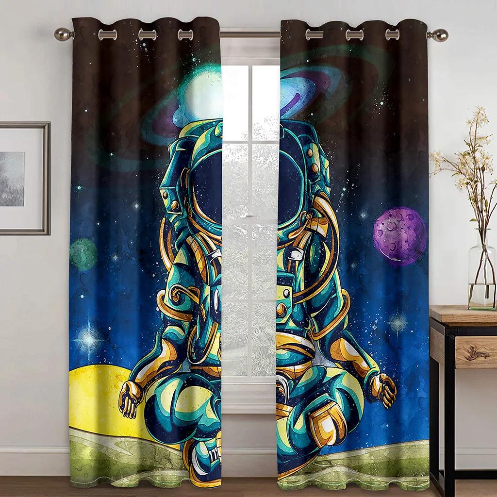 

Космос астронавты планета мультфильм высокие затемняющие шторы граффити красочные дети 3D затемняющие оконные шторы для гостиной новые W55 X H120cm X 2&Grommet Top