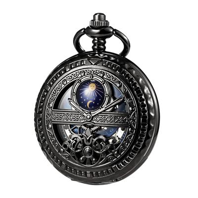 TREEWETO Mechanical Pocket Roman Moon and Sun with Chain and Gift Watch, Black, Numerals, Design, Box.