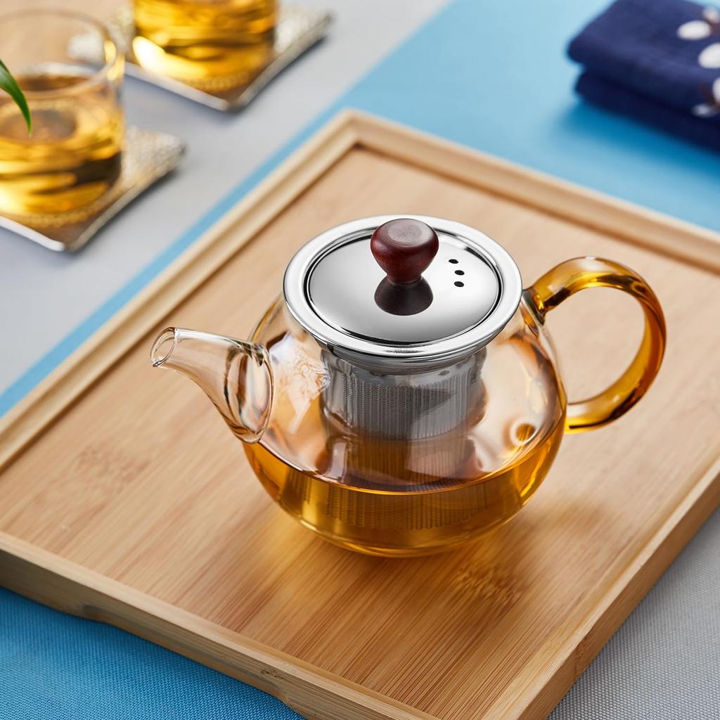 Pokaro Tea Heat-Resistant Glass Teapot, Fine Mesh, with Stainless Steel Strainer, 500ml, Clear, Round, Stovetop-Safe, Stylish Glass Teapot with Amber