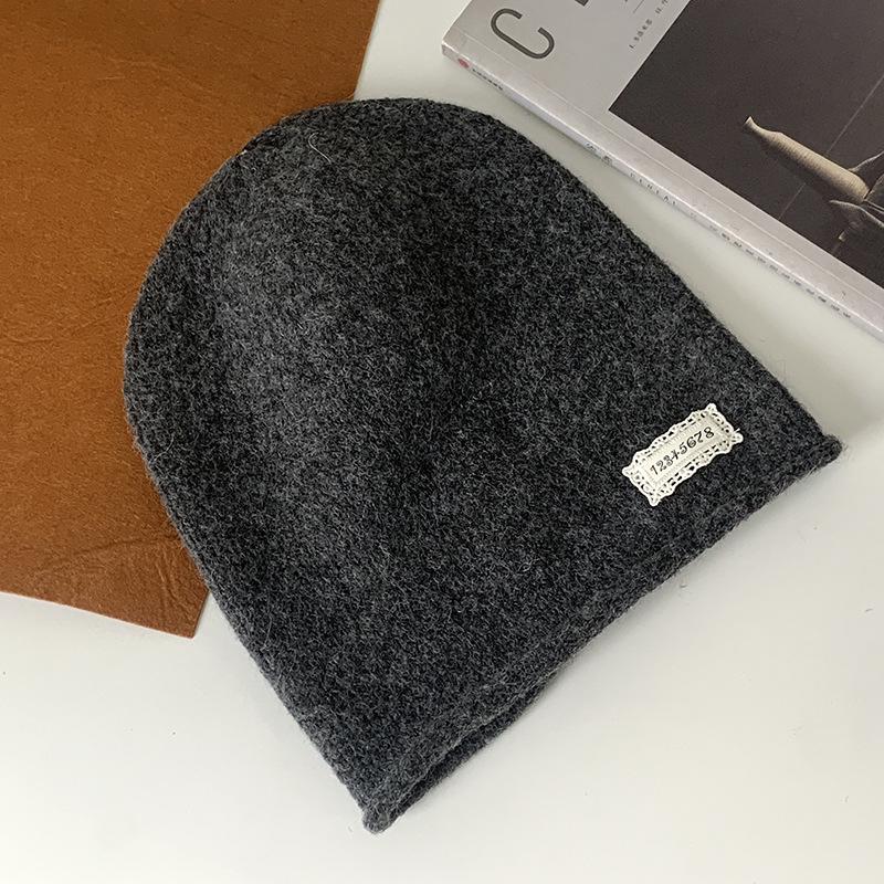 Grey Crimped Knitted Wool Hat Women's Autumn and Winter Face Small Pile Hat Big Head Circumference Ear Protection Warm Pullover Couple Hat