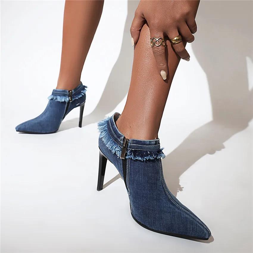 Summer Brushed Denim Ankle Boots Women Sexy High Thin Heels Pointed Toe Pumps Blue Rubbed Jean Party Dress Lady Stiletto Booties