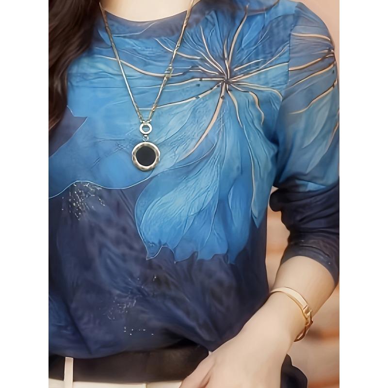 Stylish Floral Print Long Sleeve T-Shirt - Crew Neck, Semi-Sheer, High Elasticity, Machine Washable, Elegant Top for Spring and Fall