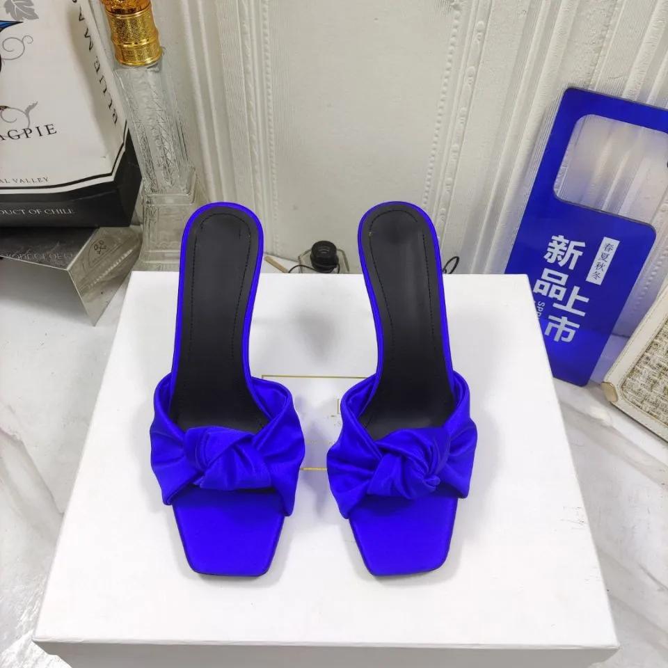 Fashion Satin Butterfly Knot Women Sandals Metal Thin Heel Sexy Square Toe High Heels Ankle Buckle Fashion Sandals Solid Color Shoe
