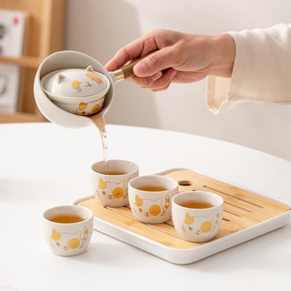 5/7pcs 360° Rotating Lucky Cat Teapot Set Ceramic Bubble Tea Set Exquisite Kung Fu Tea Pot Set  Gift