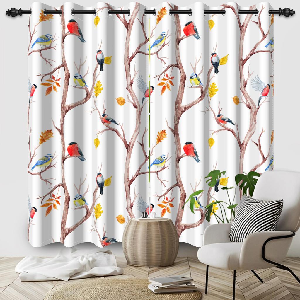 2Pcs/Set Flower Birds Blackout Curtains Perching Branches Nature Themed Window Drapes Bedroom Living Room Decor Interior Curtain