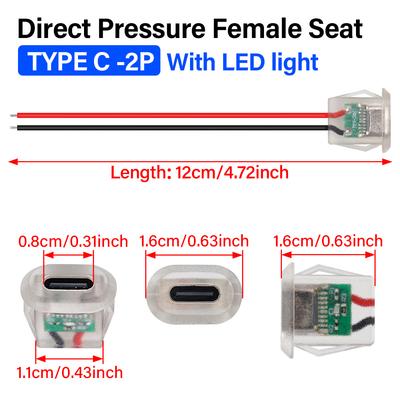 2pin USB Type-C 5A Input Charging Socket with LED Light Flat USB-C Power Connector Tinned Copper Wire End Female Connector