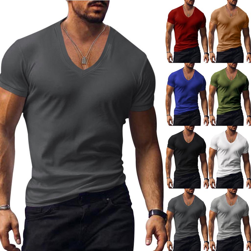 Men's Short Sleeve V-neck T-shirt Solid Color Casual T-shirt Short Sleeve